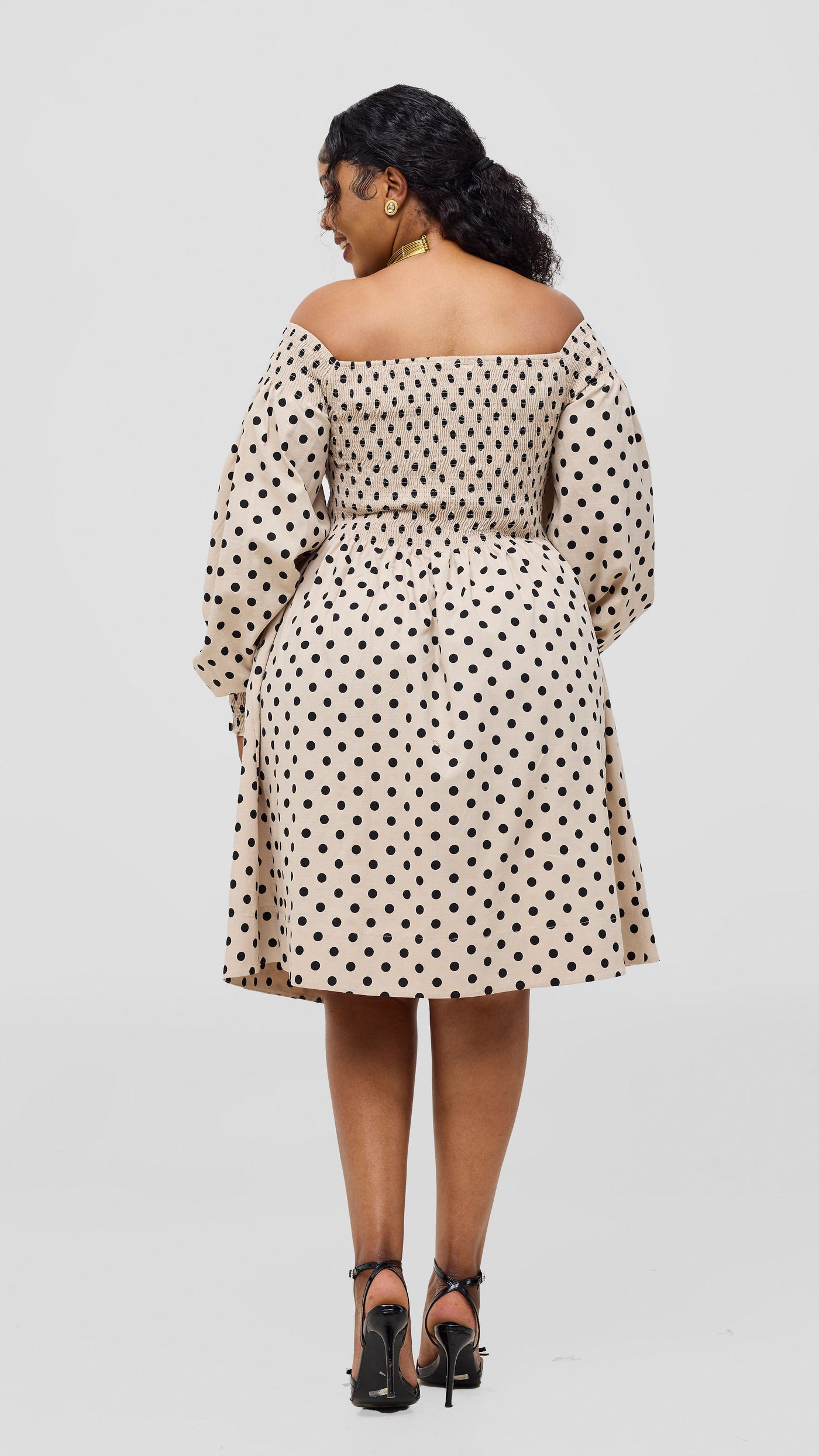 Safari Nazari Off Shoulder Dress - Beige / Black Polka Print