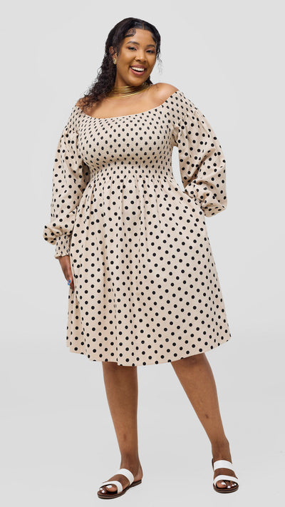 Safari Nazari Off Shoulder Dress - Beige / Black Polka Print