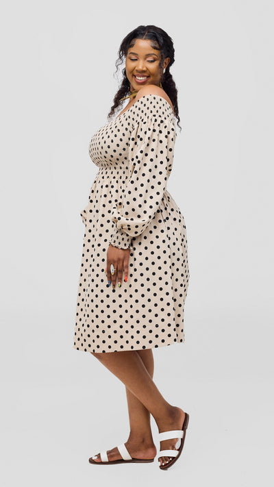 Safari Nazari Off Shoulder Dress - Beige / Black Polka Print