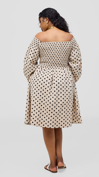 Safari Nazari Off Shoulder Dress - Beige / Black Polka Print