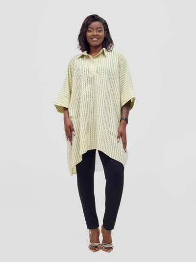 Vivo Mistari 3/4 Sleeve V - Neck Collared Tunic Top - Light Olive Checkered - Shopzetu