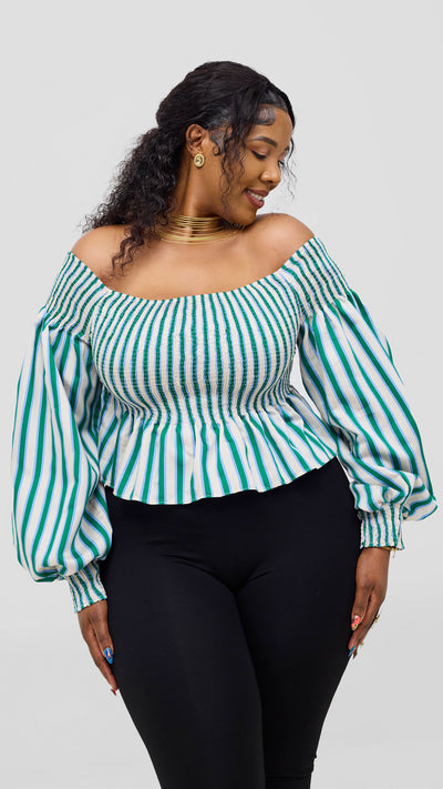 Safari Nazari Off Shoulder Top - Green / Cream Stripes