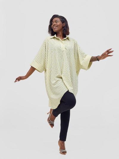 Vivo Mistari 3/4 Sleeve V - Neck Collared Tunic Top - Light Olive Checkered - Shopzetu