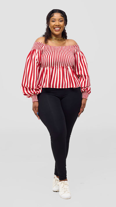 Safari Nazari Off Shoulder Top - Red / Cream Stripes