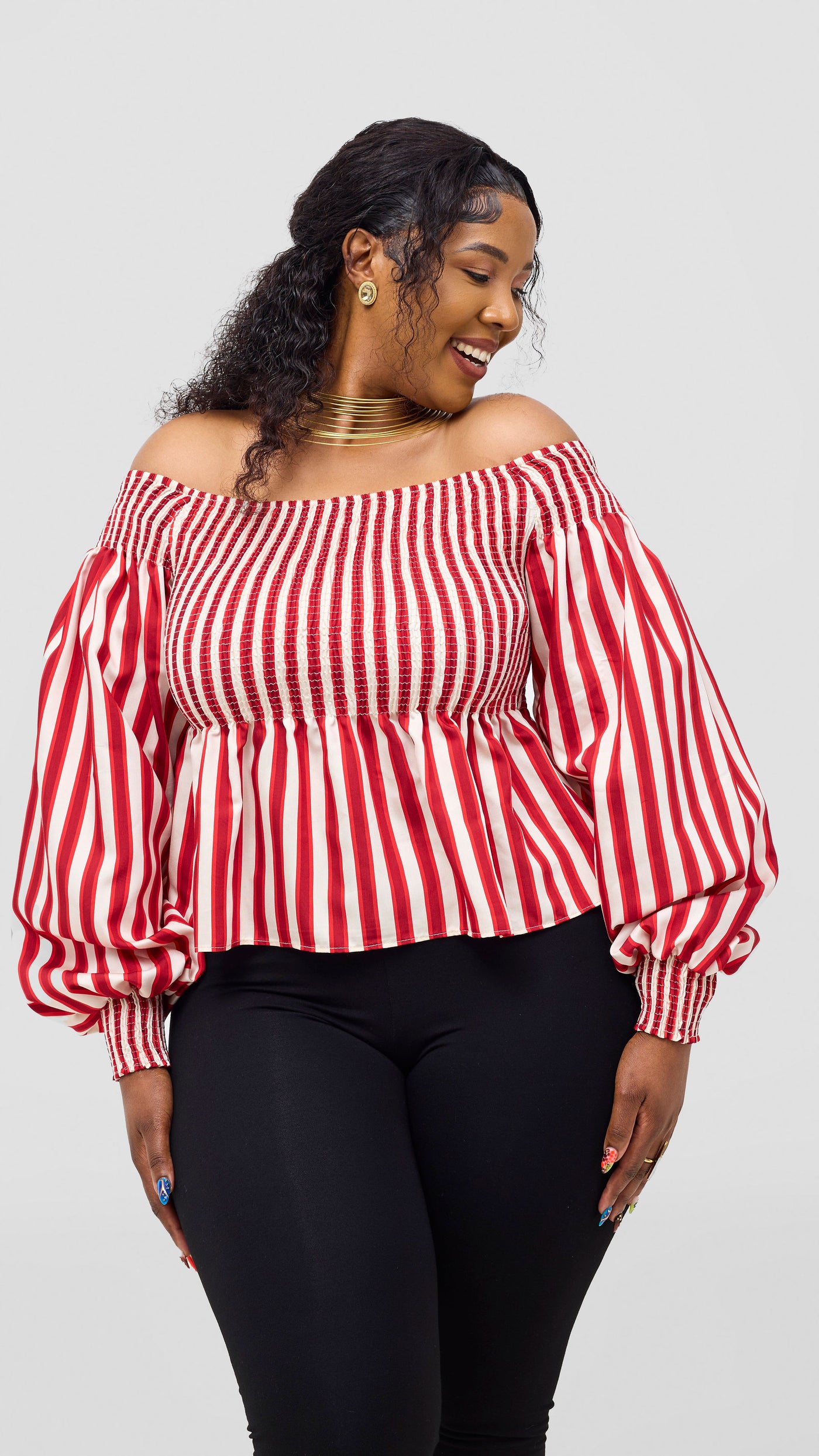 Safari Nazari Off Shoulder Top - Red / Cream Stripes
