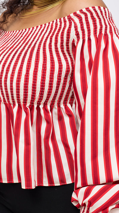 Safari Nazari Off Shoulder Top - Red / Cream Stripes