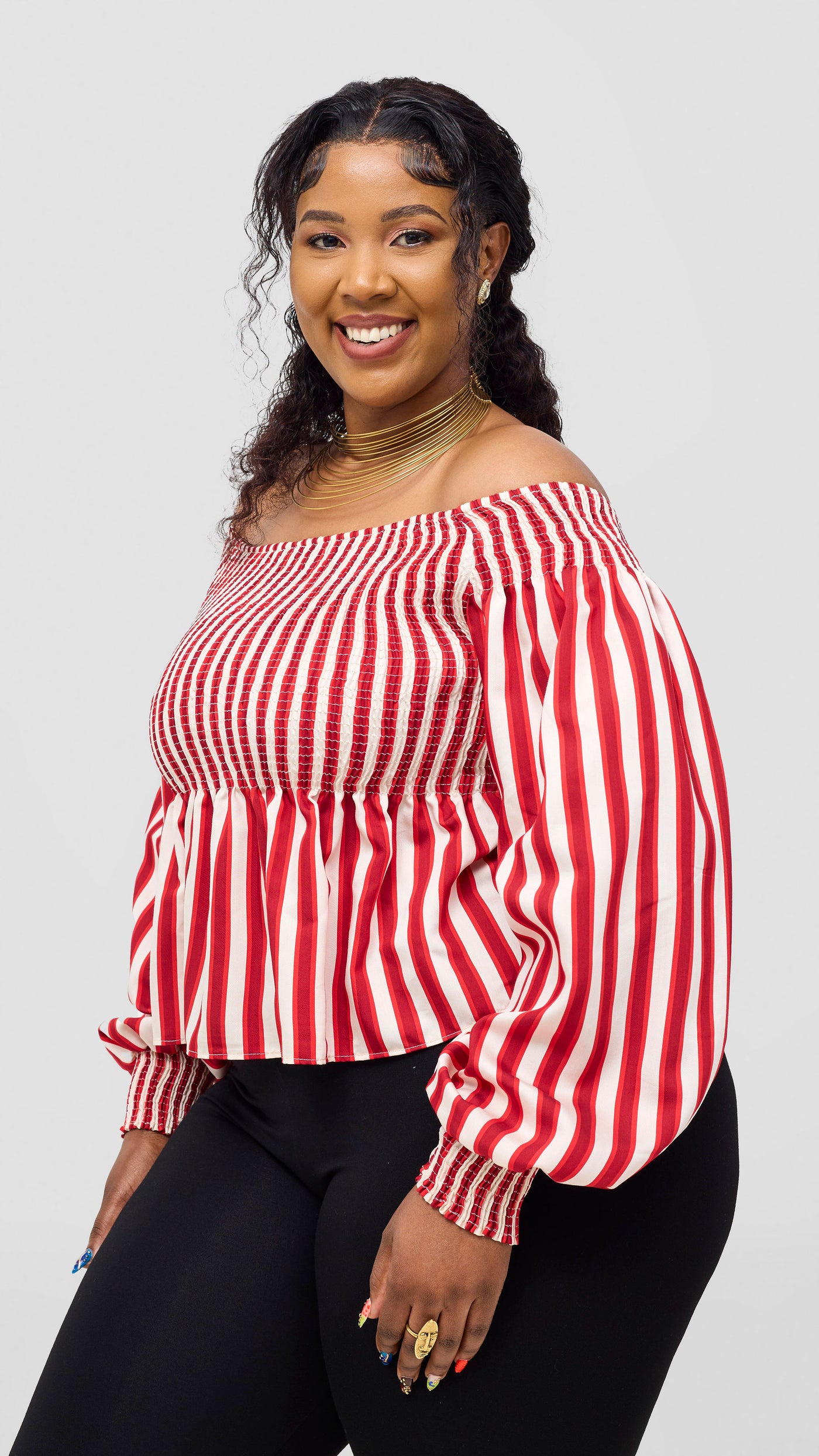 Safari Nazari Off Shoulder Top - Red / Cream Stripes