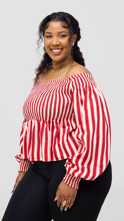 Safari Nazari Off Shoulder Top - Red / Cream Stripes