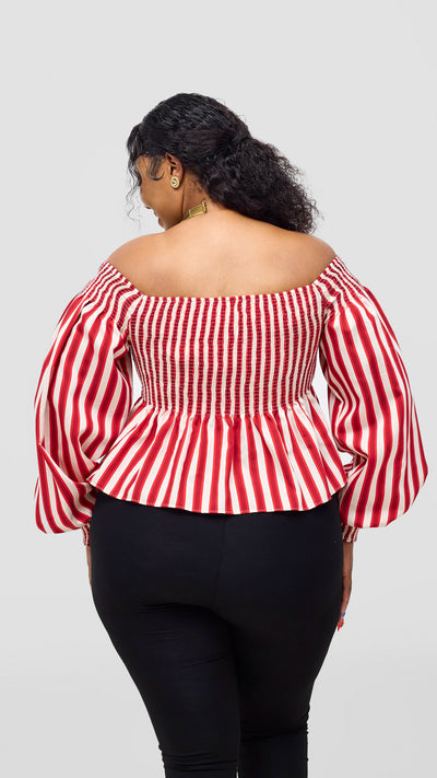 Safari Nazari Off Shoulder Top - Red / Cream Stripes