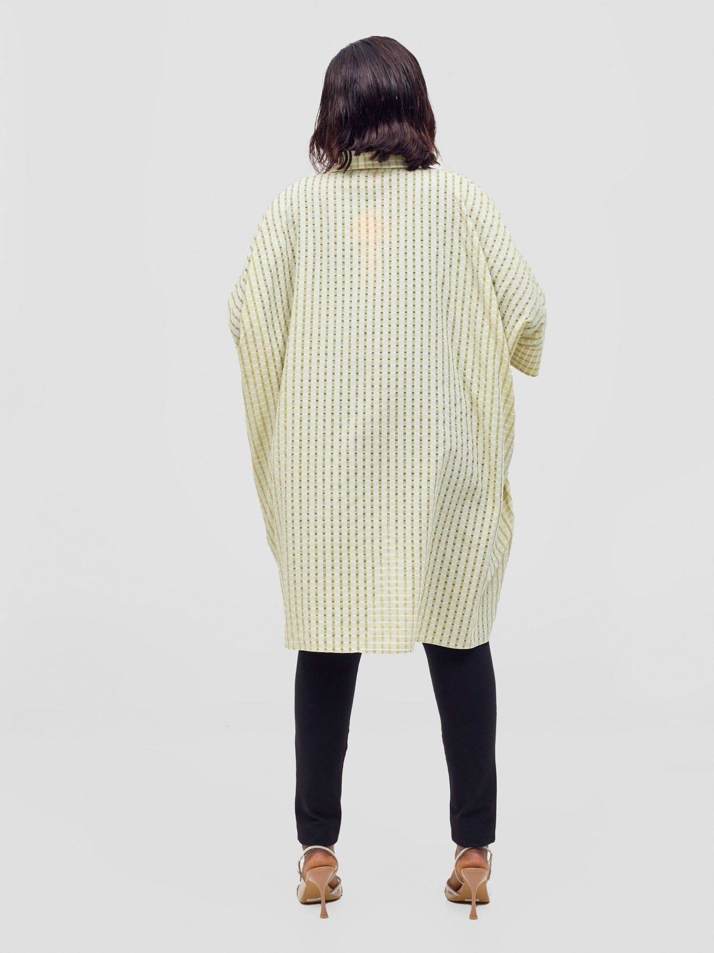 Vivo Mistari 3/4 Sleeve V - Neck Collared Tunic Top - Light Olive Checkered - Shopzetu