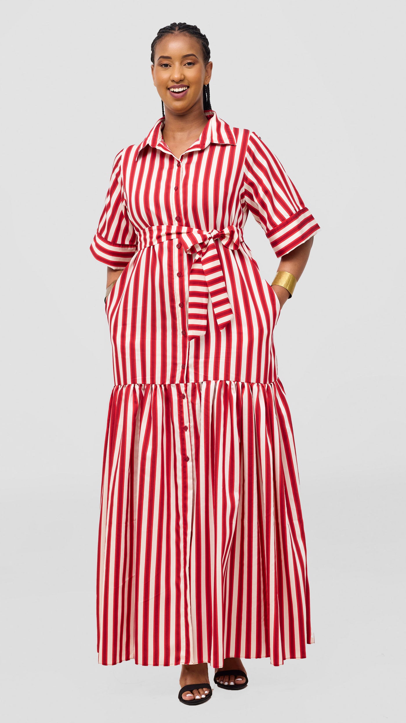 Safari Nazari Maxi Shirt Dress - Red / Cream Stripes