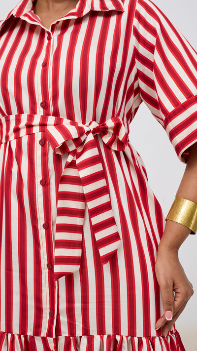 Safari Nazari Maxi Shirt Dress - Red / Cream Stripes