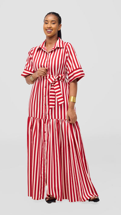 Safari Nazari Maxi Shirt Dress - Red / Cream Stripes