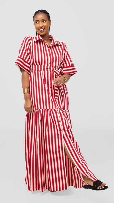 Safari Nazari Maxi Shirt Dress - Red / Cream Stripes