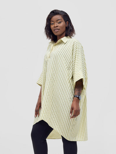 Vivo Mistari 3/4 Sleeve V - Neck Collared Tunic Top - Light Olive Checkered - Shopzetu