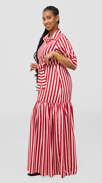 Safari Nazari Maxi Shirt Dress - Red / Cream Stripes