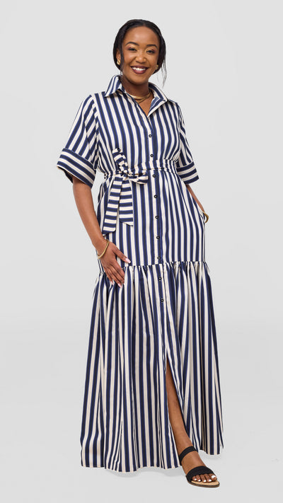 Safari Nazari Maxi Shirt Dress - Navy / Cream Stripes