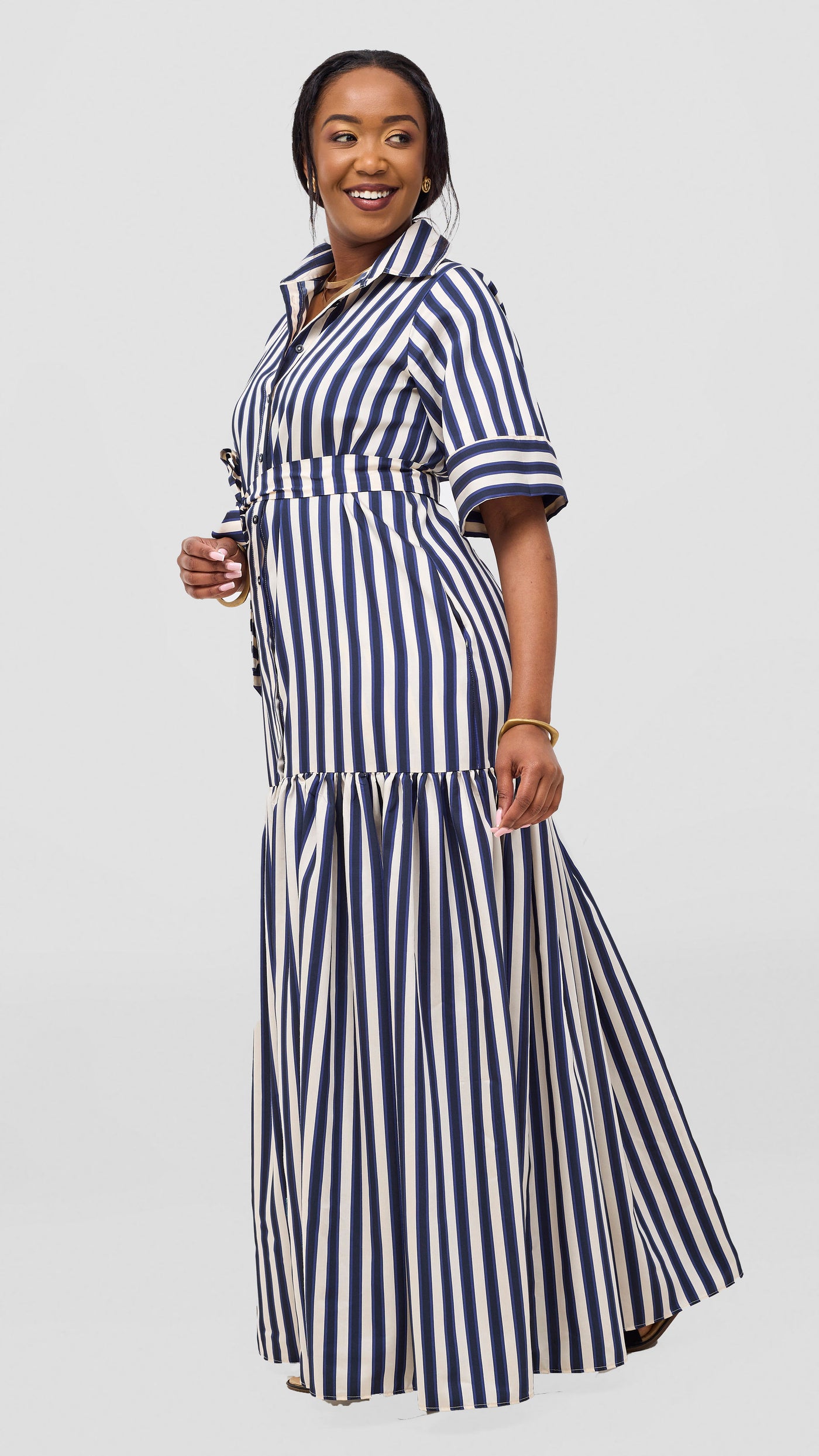 Safari Nazari Maxi Shirt Dress - Navy / Cream Stripes