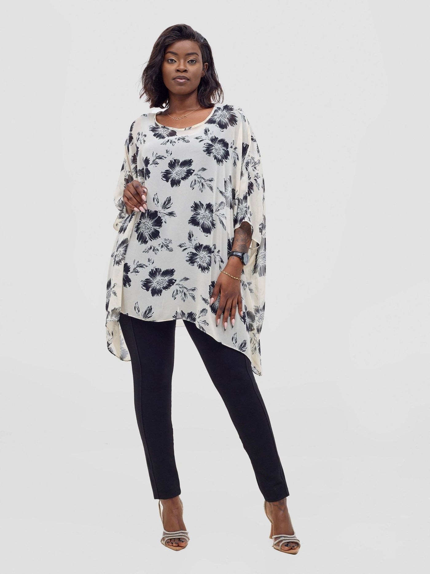 Vivo Basic Liv Chiffon Top - Off - white / Black Print - Shopzetu