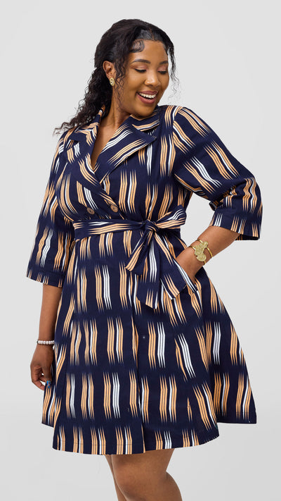 Safari Nazari Coat Dress - Navy / Peach Johari Print