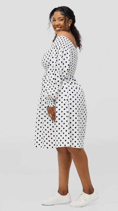 Safari Nazari Off Shoulder Dress - White / Black Polka Print