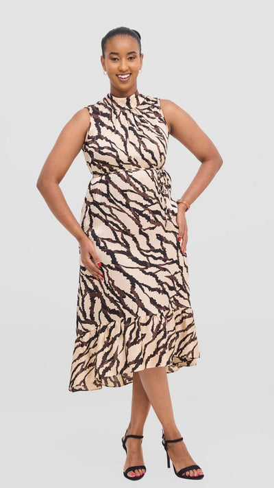 Vivo Samira Midi Dress - Beige / Brown Print - Shopzetu