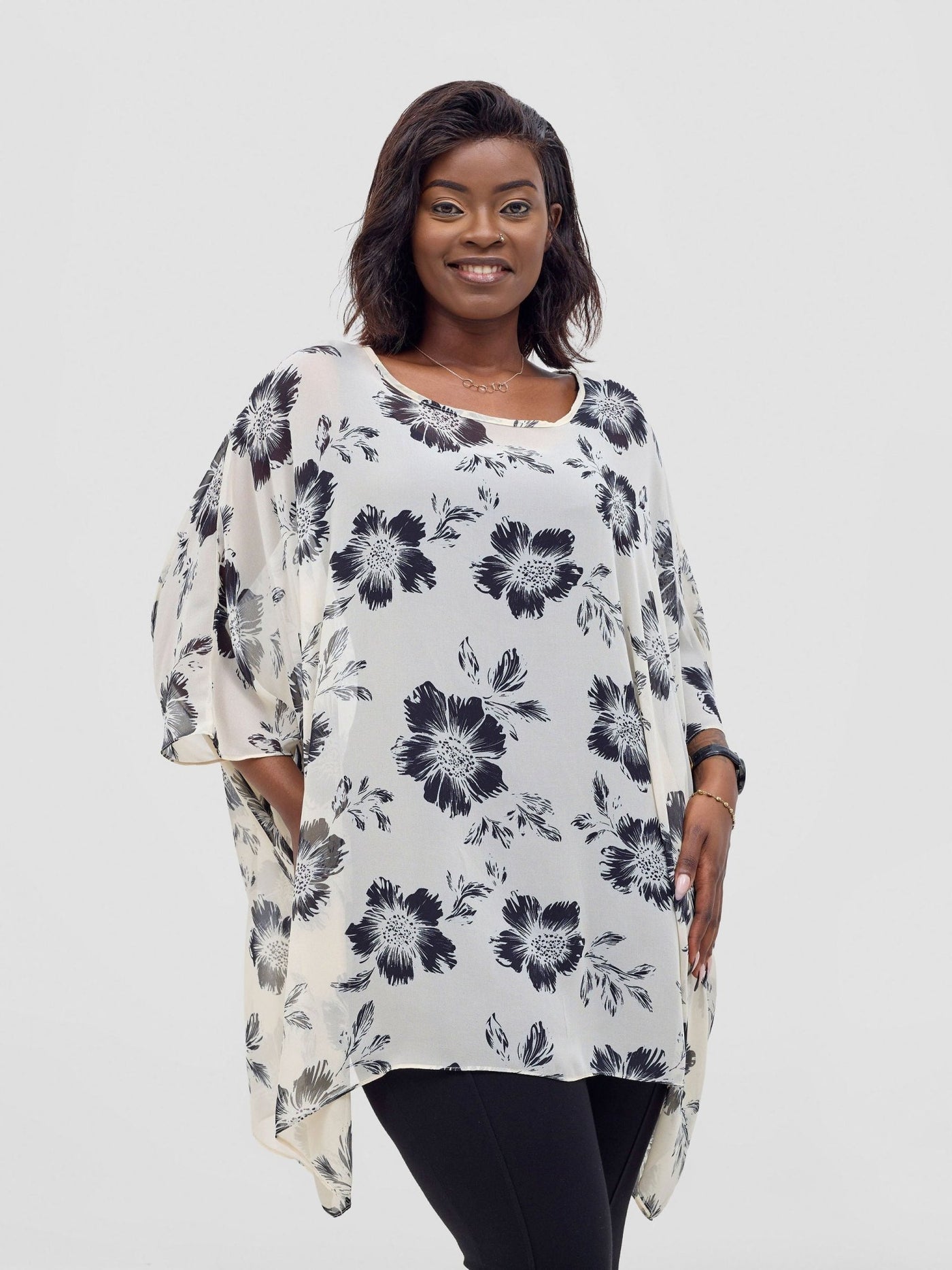 Vivo Basic Liv Chiffon Top - Off - white / Black Print - Shopzetu