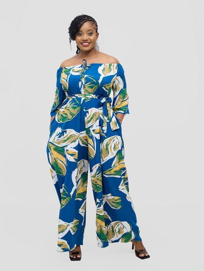 Vivo Zahari 3/4 Sleeve Off - Shoulder Jumpsuit - Royal Blue Ari Print - Shopzetu