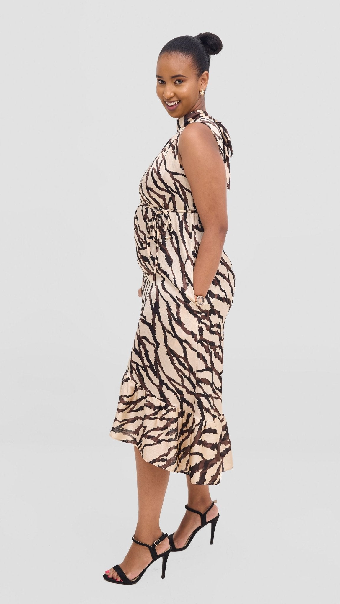 Vivo Samira Midi Dress - Beige / Brown Print - Shopzetu