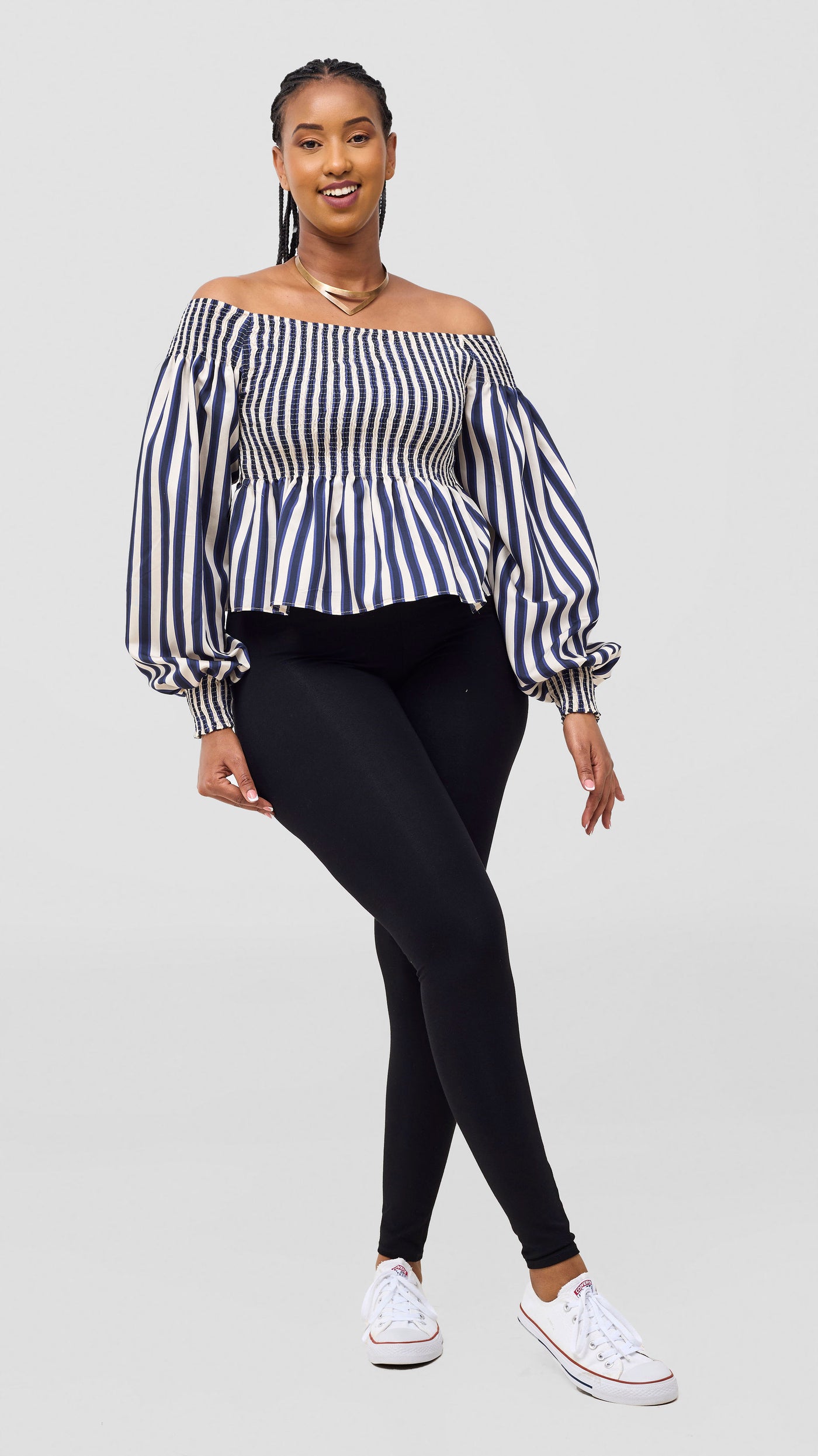 Safari Nazari Off Shoulder Top - Navy / Cream Stripes