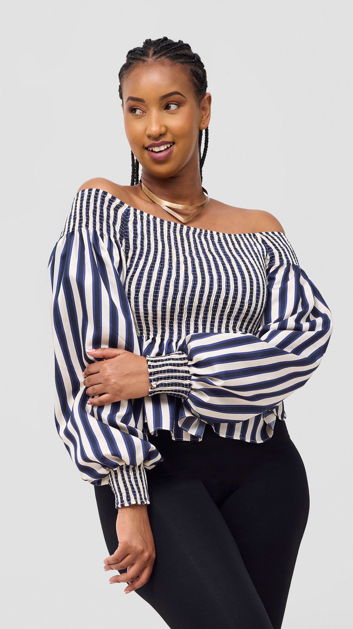 Safari Nazari Off Shoulder Top - Navy / Cream Stripes