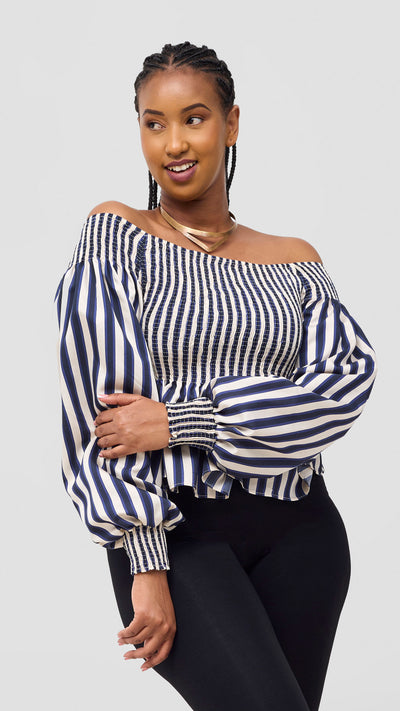 Safari Nazari Off Shoulder Top - Navy / Cream Stripes