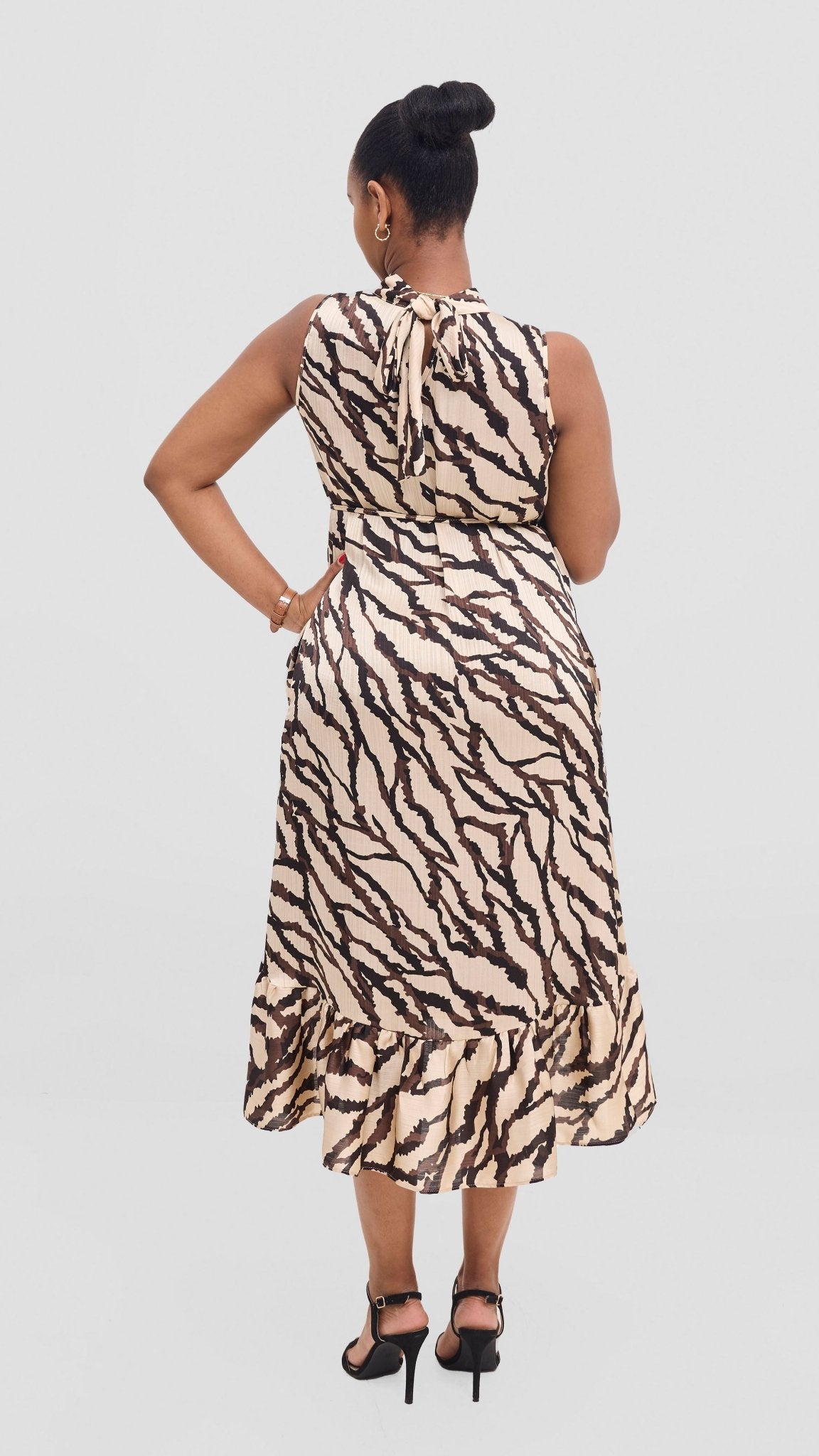Vivo Samira Midi Dress - Beige / Brown Print - Shopzetu