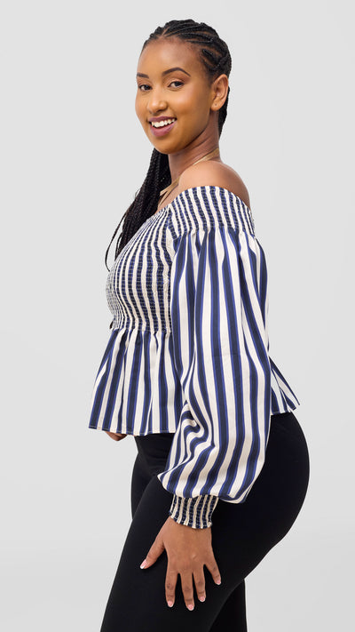 Safari Nazari Off Shoulder Top - Navy / Cream Stripes