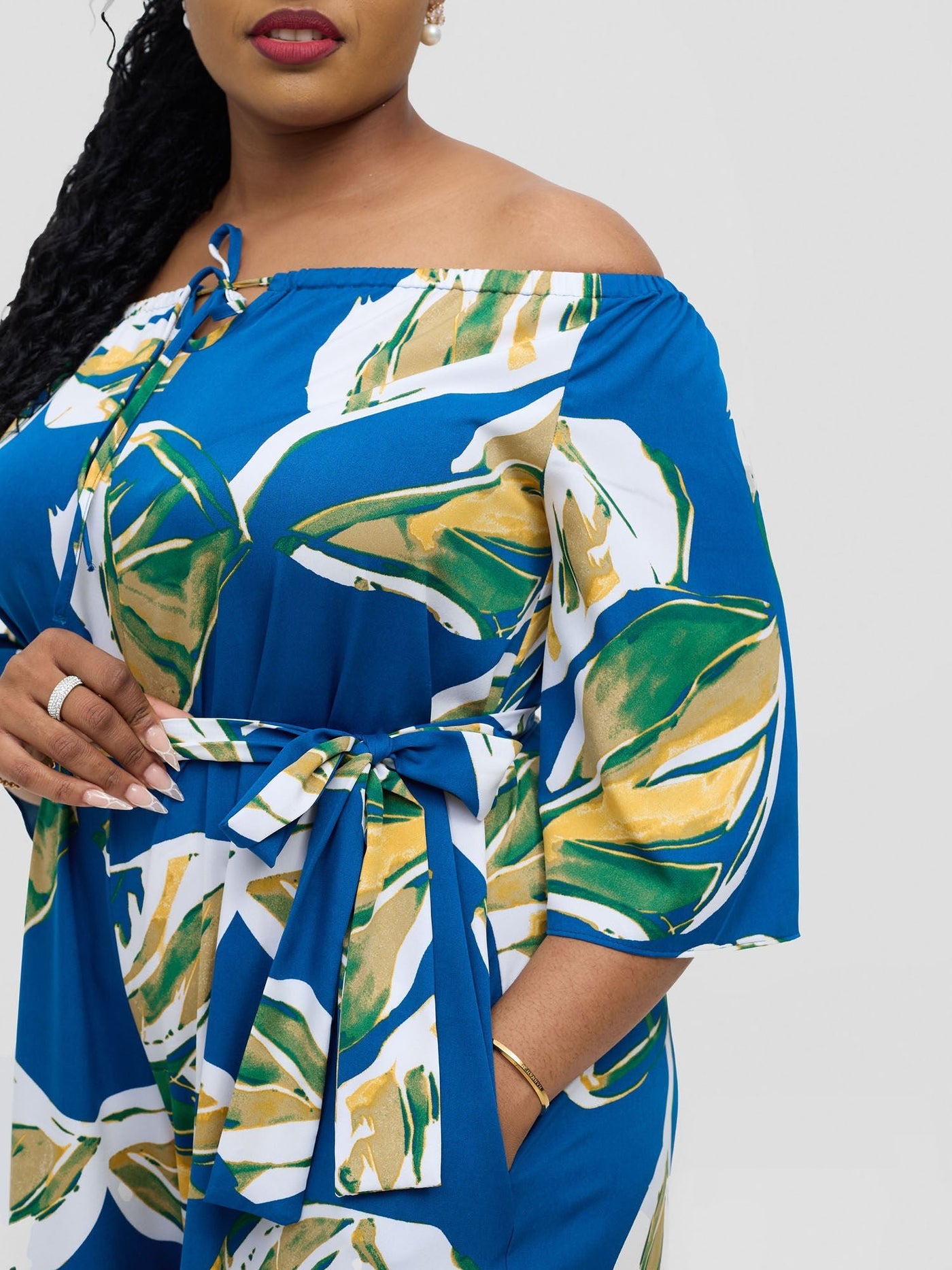 Vivo Zahari 3/4 Sleeve Off - Shoulder Jumpsuit - Royal Blue Ari Print - Shopzetu