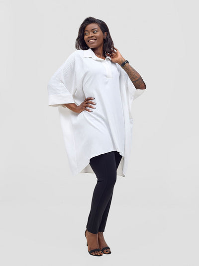 Vivo Mistari 3/4 Sleeve V - Neck Collared Tunic Top - White Textured - Shopzetu