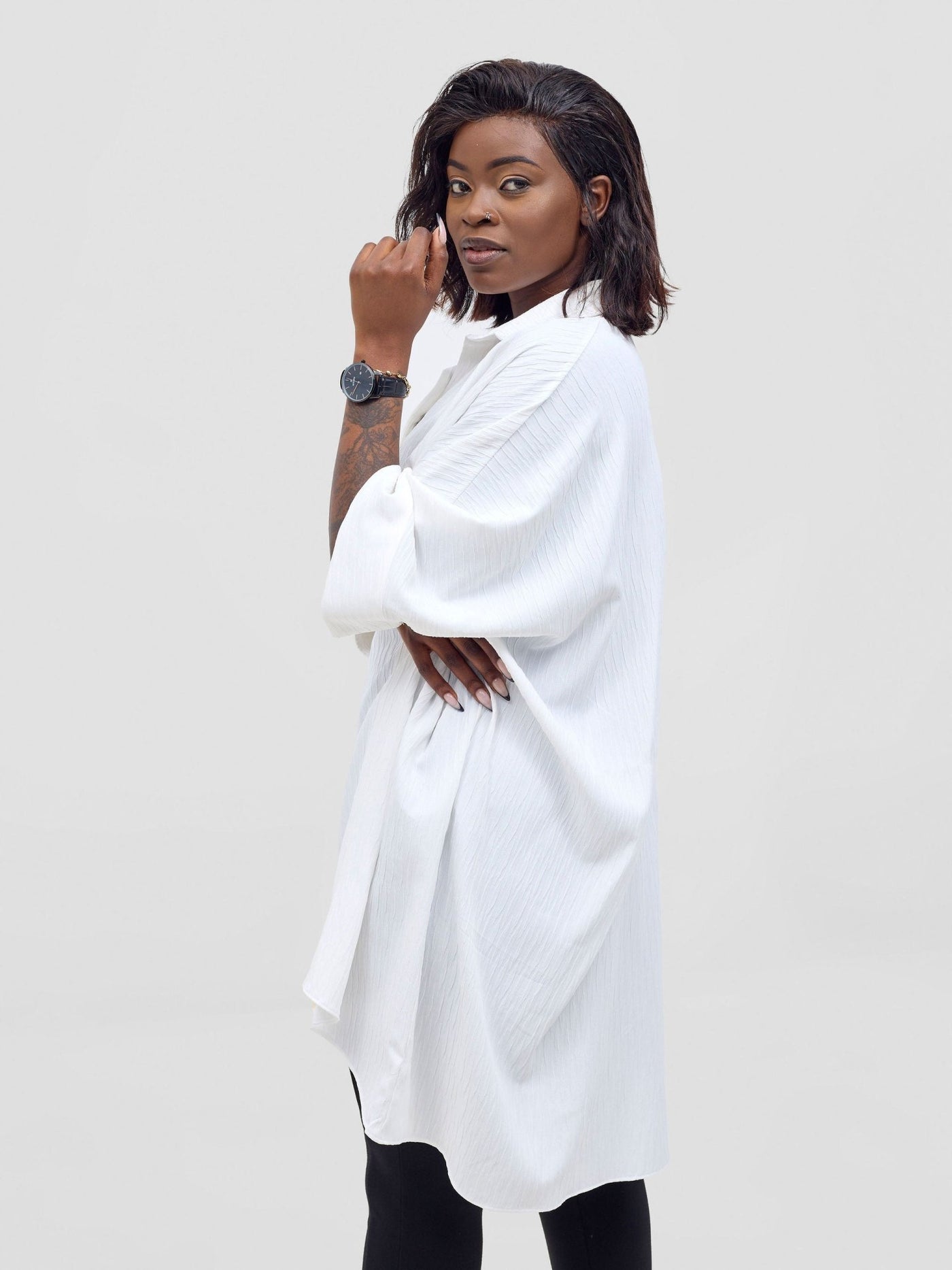 Vivo Mistari 3/4 Sleeve V - Neck Collared Tunic Top - White Textured - Shopzetu