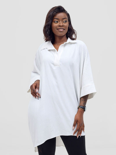Vivo Mistari 3/4 Sleeve V - Neck Collared Tunic Top - White Textured - Shopzetu