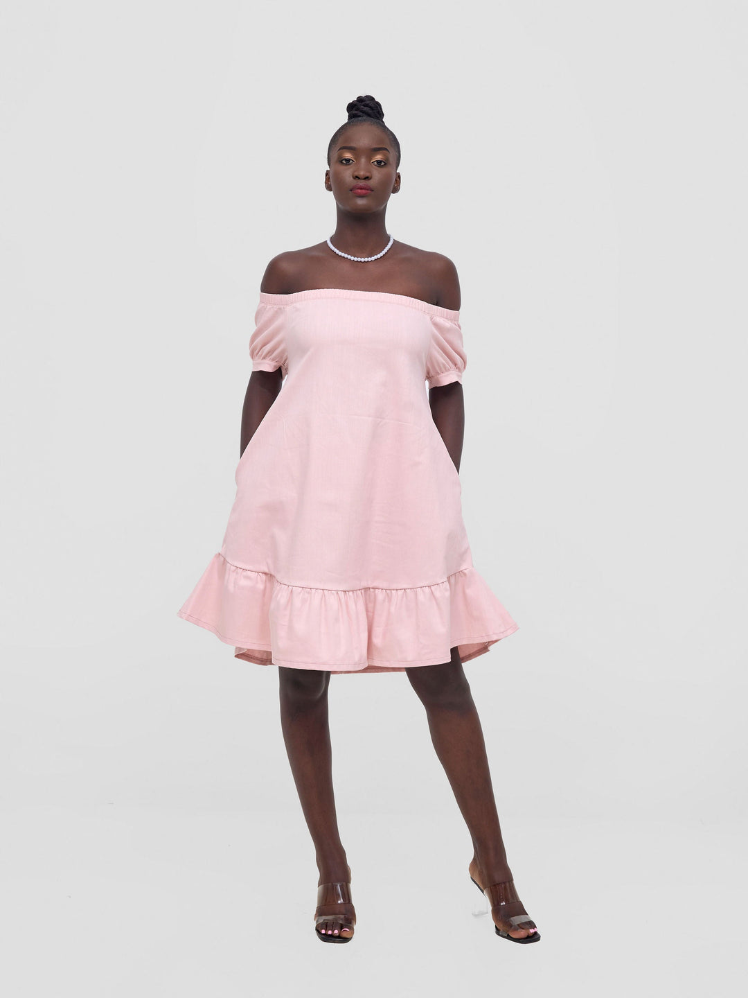 Zoya Nia Off Shoulder Knee Length Dress - Light Pink