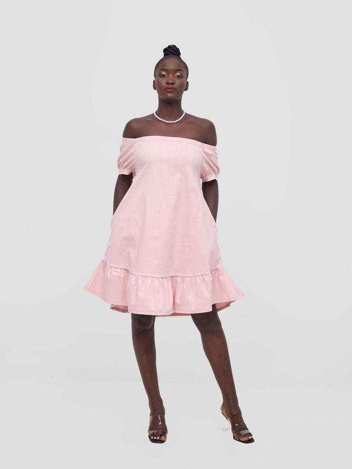 Zoya Nia Off Shoulder Knee Length Dress - Light Pink