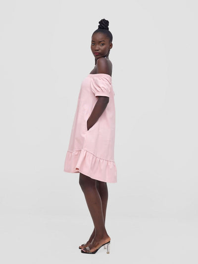 Zoya Nia Off Shoulder Knee Length Dress - Light Pink - Shopzetu