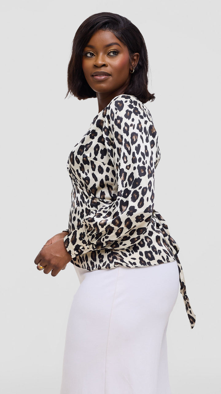 Vivo Merika Satin Wrap Top - Cream / Black Animal Print