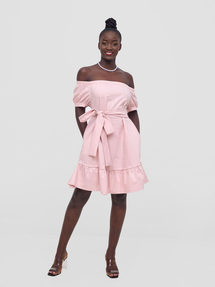 Zoya Nia Off Shoulder Knee Length Dress - Light Pink