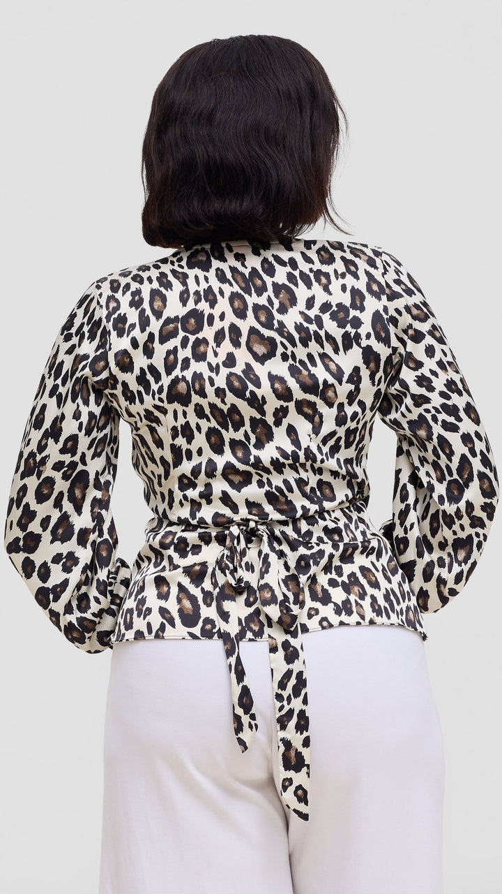 Vivo Merika Satin Wrap Top - Cream / Black Animal Print