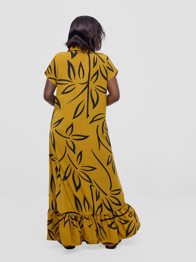 Vivo Asha Drop Shoulder Maxi Shirt Dress - Dark Mustard / Black Weni Print - Shopzetu