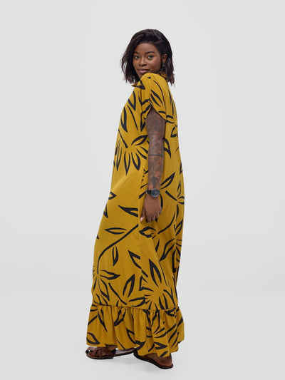 Vivo Asha Drop Shoulder Maxi Shirt Dress - Dark Mustard / Black Weni Print - Shopzetu