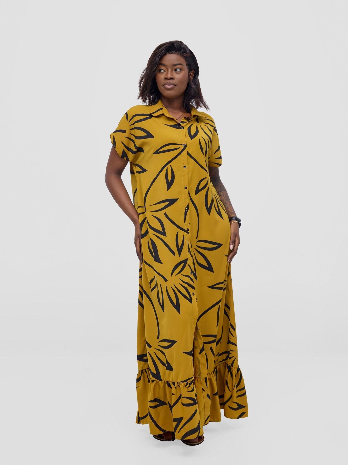 Vivo Asha Drop Shoulder Maxi Shirt Dress - Dark Mustard / Black Weni Print - Shopzetu