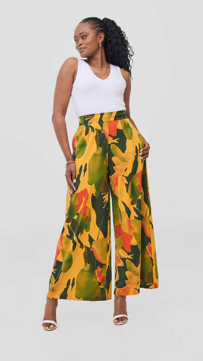 Vivo Ayla Crepe Pants - Mustard / Dark Green Dola Print