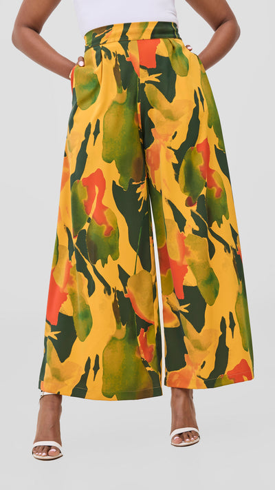 Vivo Ayla Crepe Pants - Mustard / Dark Green Dola Print