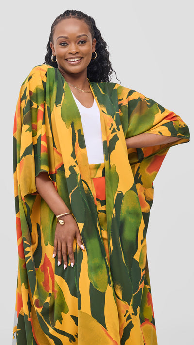 Vivo Ayla Maxi Kimono - Mustard / Green Dola Print